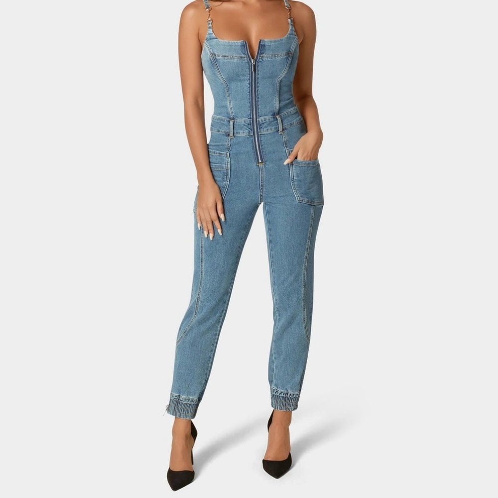 NWOT Bebe Denim Jogger Jumpsuit, SZ 6